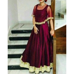 Taffeta Silk Self Design Stitched Cape Gown